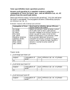 Tener Que Infinitive Basic Questions Practice By Kunal Patel Tpt