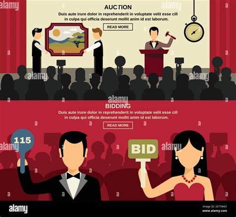 Auction And Bidding Horizontal Banners Set With People And Picture Flat