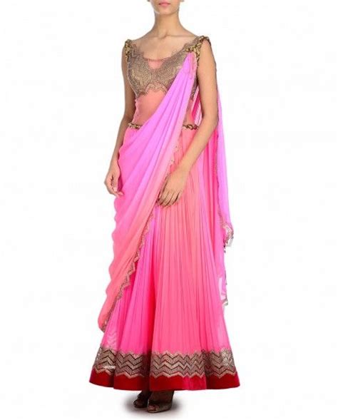 Ombre Neon Pink And Orange Draped Lengha Sari