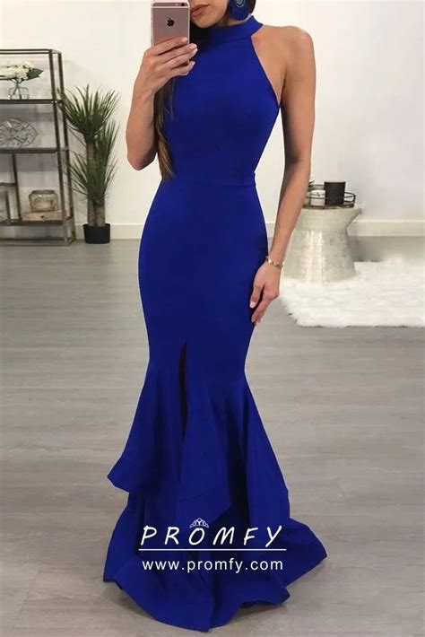 Cobalt Blue Ruffled Mermaid Halter Long Prom Dress Promfy