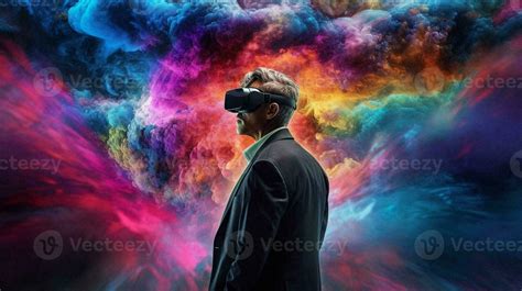 Old man using virtual reality headset. VR glasses, futuristic ...