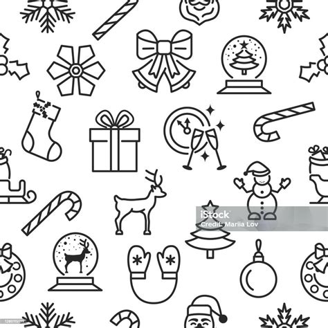 Christmas And Happy New Year Seamless Pattern With Flat Line Icons