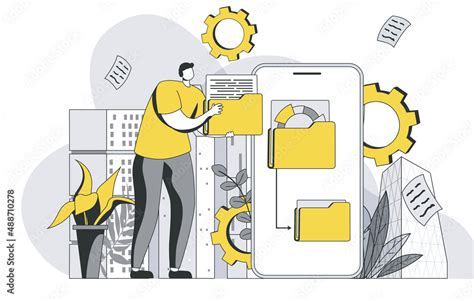 Cyberspace Management Concept With Outline People Scene Man Interacts