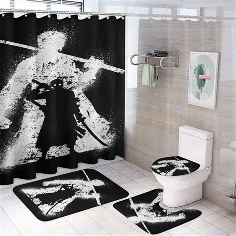 Roronoa Zoro 4 Piece Shower Curtain Set with Non-Slip Rugs, Toilet Lid