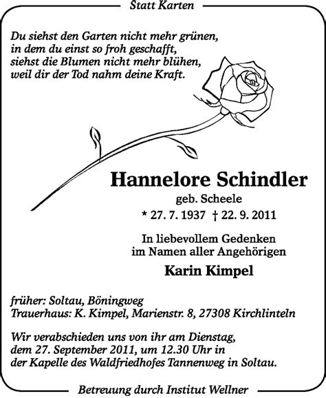 Traueranzeigen Von Hannelore Schindler Trauer Kreiszeitung De