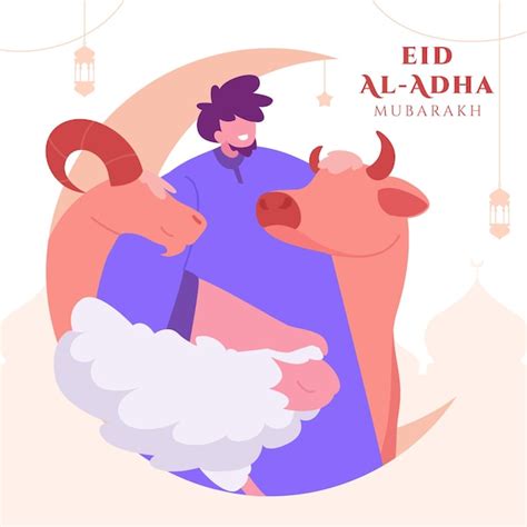 Familia Celebrando El Fondo De Eid Al Adha Mubarak Con Ovejas Y Luna