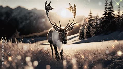 reindeer christmas illumination, falling snow, animated background with ...