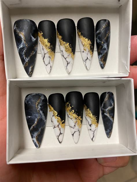 Black Marble Gold Flakes White Marble Nails Fake Nails Styled Etsy