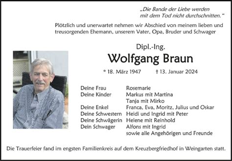 Traueranzeigen Von Wolfgang Braun Schwaebische De Trauerportal