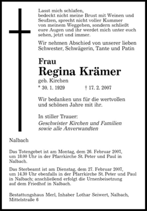 Traueranzeigen von Regina Krämer Saarbruecker Zeitung Trauer de