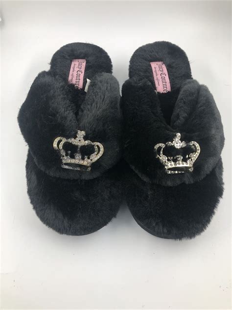 Juicy Couture Rhinestone Crown Tiara Fuzzy Black Flip Flop Slippers