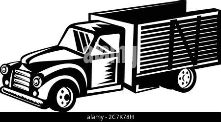 Ilustraci N De Estilo Woodcut De Una Camioneta Vintage En Blanco Y