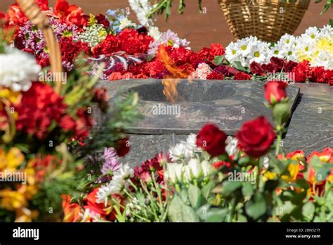 las flores yacen en la llama eterna en el monumento a las víctimas y a