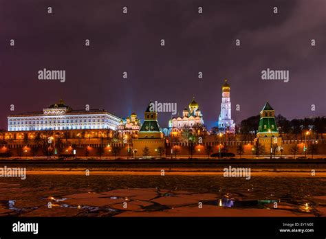 Grand Kremlin Palace And Cathedrals At Winter Night The Moscow River