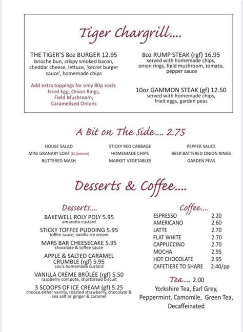 Menu at The Tiger Inn pub & bar, Knaresborough, Shortsill Lane