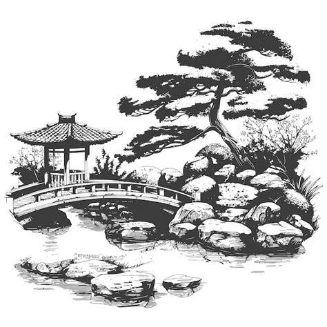 Premium Vector Detailed Sketch Of A Traditional Oriental Garden With