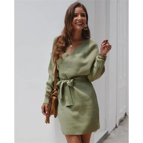 Robe Femme Chic Et Elegant Manches Longues Col En V Sexy Vert Light