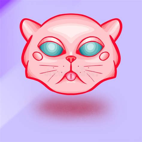 Illustration Of A Sad Pink Cat Head On A Blue Background Stock