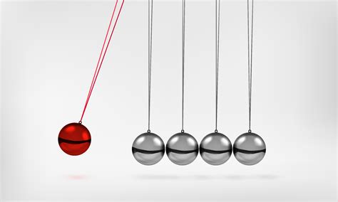 Newton's cradle pendulum with swinging spheres red metal ball 3d realistic vector illustration ...