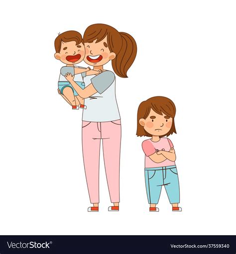 Jealous Sister Folding Hands Standing Near Mother Vector Image