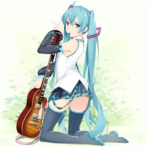 Safebooru 1girl Ahoge Aqua Eyes Aqua Hair Boots Ello Guitar Hatsune