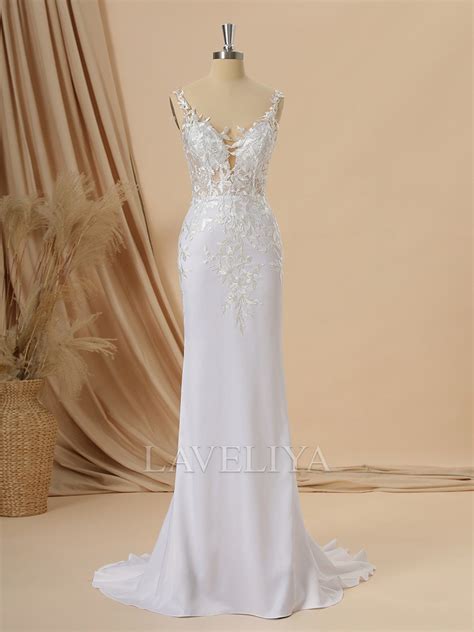 Sheath Charmeuse V Neck Appliques Lace Sweep Train Wedding Dress Laveliya