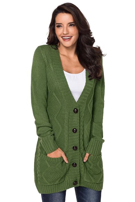 Green Front Pocket And Buttons Closure Cardigan Strickmantel