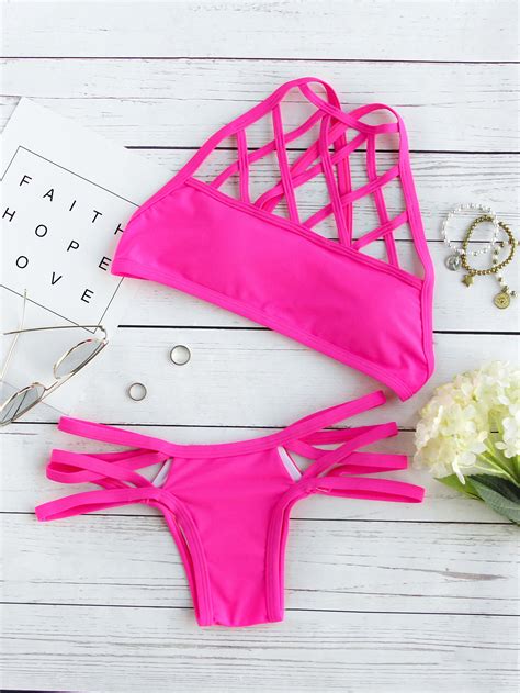 Hot Pink Cutout Cross Back Bikini Set Shein Sheinside