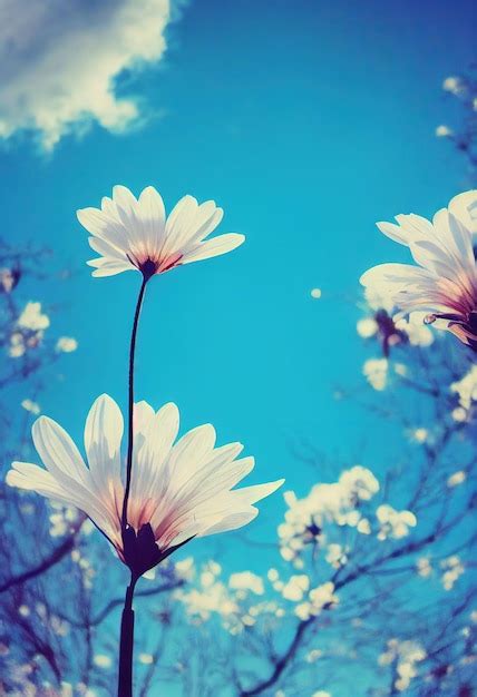 Premium Photo | Blue background with white flowers and twigs for ...