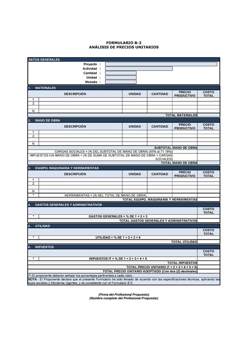 Analisis De Precios Unitarios Presupuesto Formulario B An Lisis De