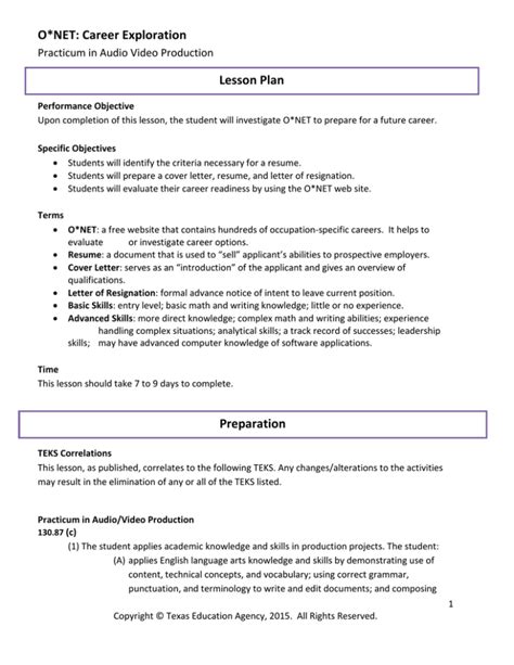 O Net Career Exploration Lesson Plan Practicum In Audio Video Production