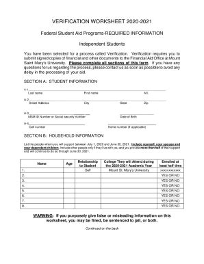 Fillable Online 2020 2021 V 1 Verification Worksheet For Independent