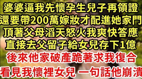 婆婆逼我先生儿子再领证还要带200万嫁妆才配进她家门顶着父母滔天怒火我爽快答应直接去父留子给女儿存下1亿后来他家破产跪着求我复合看见