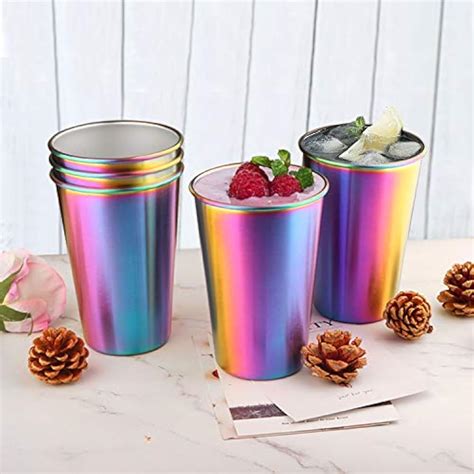 Rainbow Beer Glasses Stainless Steel Cups 5 Pack 16 Oz Stackable Metal