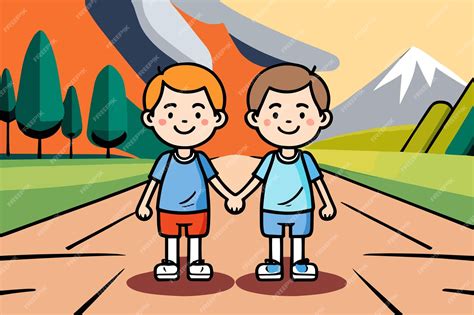 Premium Vector A Cartoon Illustration Of Two Boys Holding Hands On A