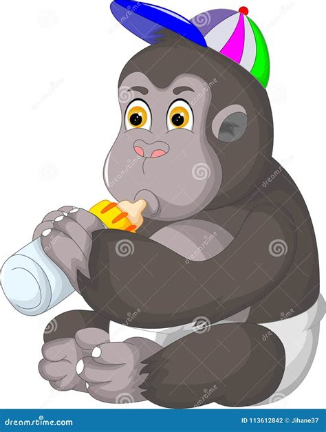 Cute Monkey Cartoon Sitting with Drink Milk Stock Illustration ...