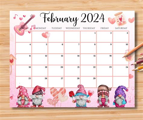 Editable February 2024 Calendar Sweet Valentine With Love Gnomes