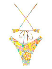 ZAFUL Flower Print Criss Cross Monowire Bikini Swimwear In MULTI A