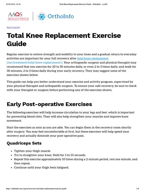 Total Knee Replacement Exercise Guide - OrthoInfo - AAOS | PDF