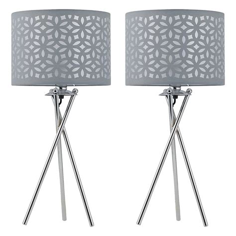 First Choice Lighting Set Of 2 Laser Chrome Grey Tripod Table Lamp With