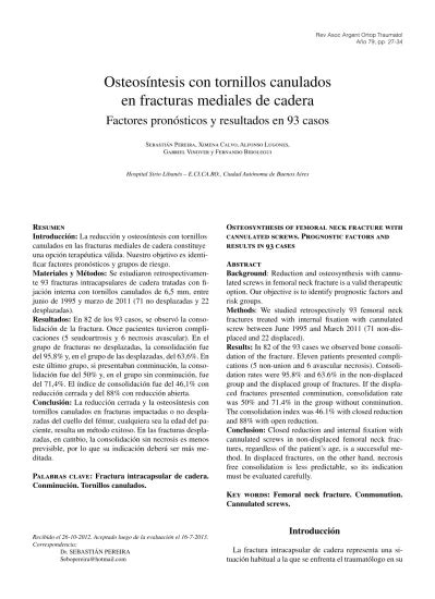 Osteosíntesis Con Tornillos Canulados En Fracturas Mediales De Cadera