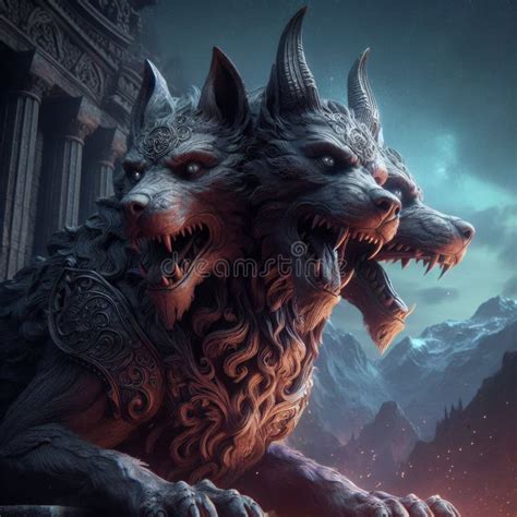 A Sharp Detailed Image Of Cerberus A Three Headed Dog Guarding The