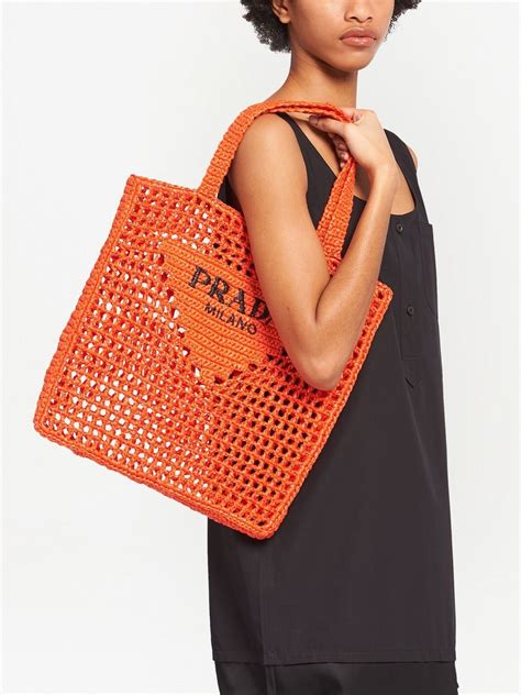 Prada Triangle Logo Crochet Raffia Tote Bag Orange Farfetch