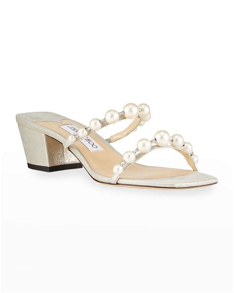 JIMMY CHOO Amara Metallic Pearly Stud Slide Sandals Editorialist