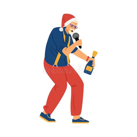 Elderly Man Sings Karaoke At Christmas Party Flat Vector Illustration