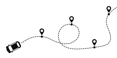 Car travel route, car travel path icon. A car path in the form of a dotted line with a map pin ...