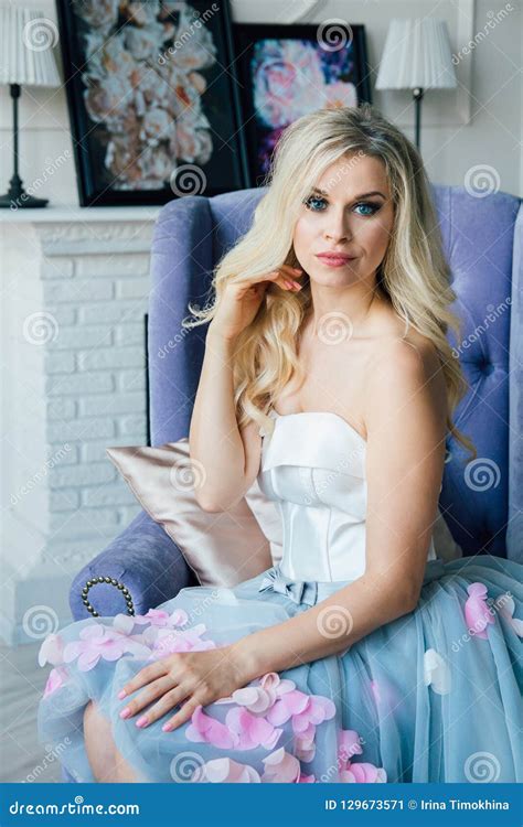 Beautiful Young Blonde Girl In A Long Evening Dress Stock Image Image