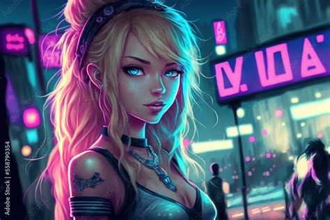 A Beautiful Anime Girl Stands In A Futuristic Cyberpunk Neon City At