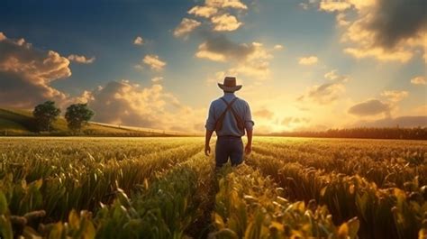 Agricultor Trabajando En El Campo Con Cultivos E Ilustraci N De Tractor