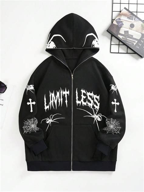 Shein Moosta Plus Letter And Spider Web Print Zip Up Drop Shoulder Hoodie